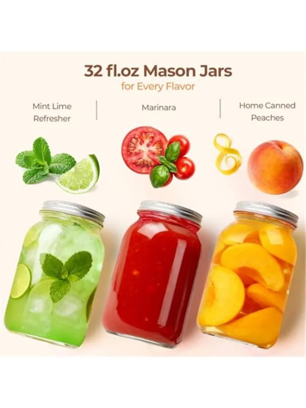 Wide Mouth Mason Jars 32 oz with Lids 2 Pcs, Quart Mason Jars with Seal Band